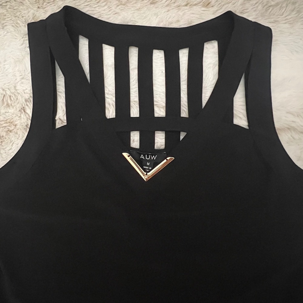 NWT AUW Black Sleeveless Top Cutout Neckline Gold Detail Modern Blouse - Picture 3 of 5